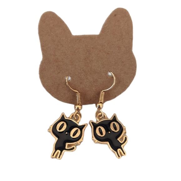 Cat Earrings Small Dangling Kitty Gold-tone Stainless Steel Hook Earrings - Picture 7 of 7